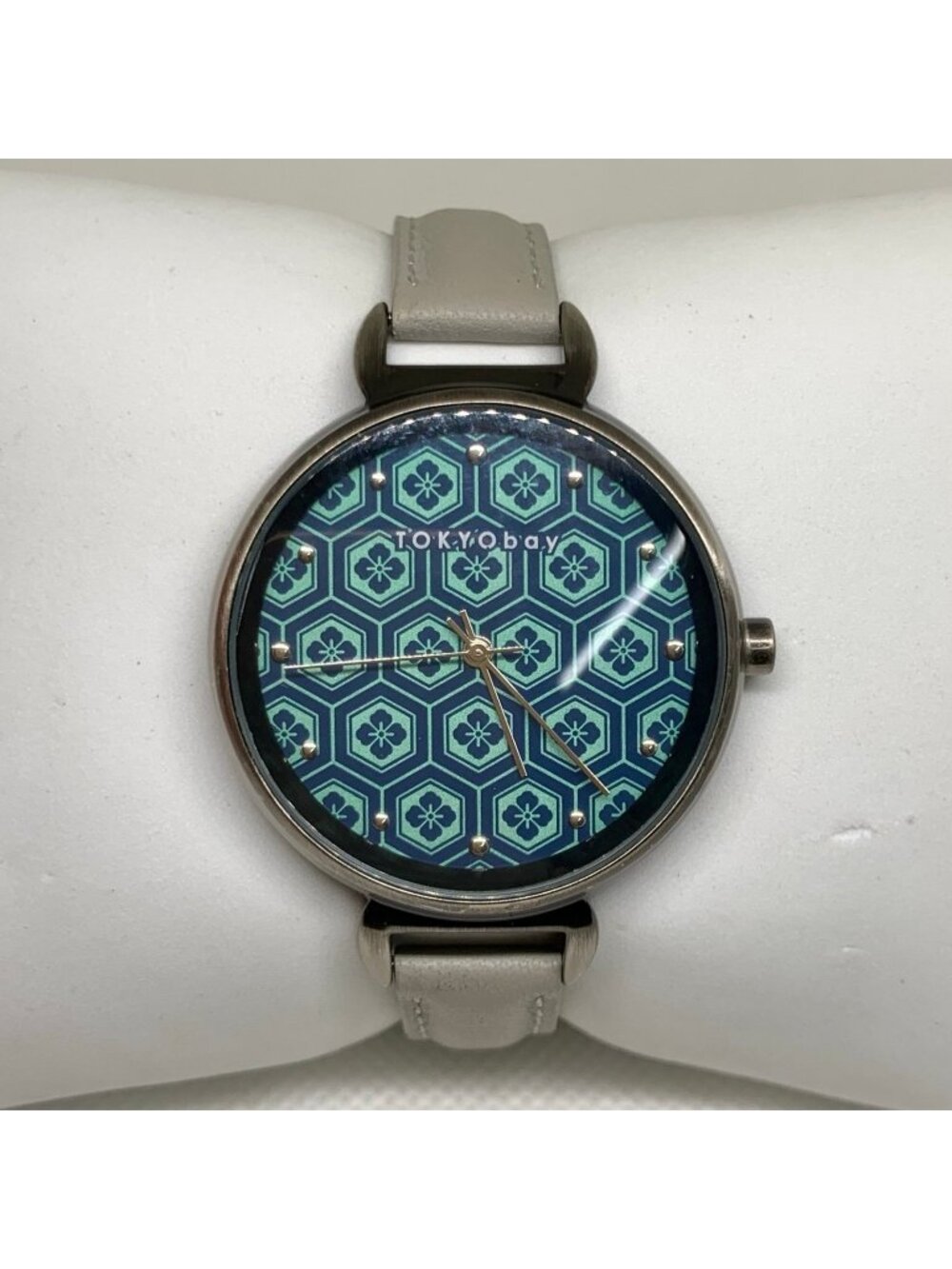 Tokyobay women’s quartz watch 36mm gray tone floral dial leather band running